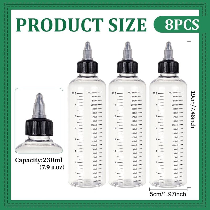 BENECREAT 8PCS 230ml Scale Empty Plastic Squeeze Bottles with Black Twist Graduated Squeeze Dispensing Bottles for Ink Liquid, Oils, Gels, Glue - Image 2