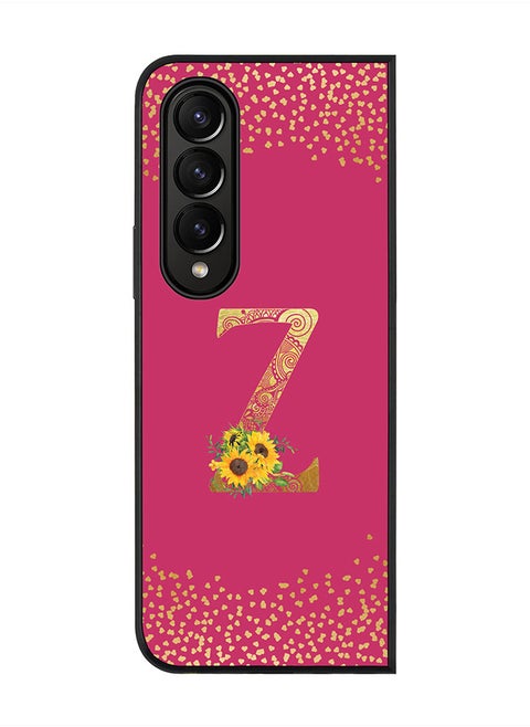 Rugged Black edge case for Samsung Galaxy Z Fold4, Soft Flexible Phone case Custom Monogram Initial Letter Mandala Floral Pattern Alphabet- Z (Dark Pink Rose)