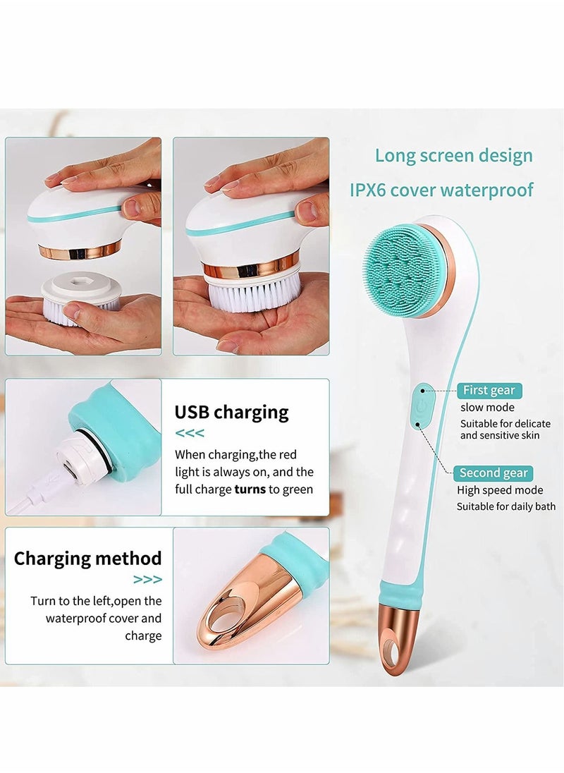 Excefore - Electric Shower Brush Rechargeable Rotating Long Handle Back Scrubber Suitable for Body Cleansing Exfoliation Waterproof and Non-Slip with 4 Types of Brush Heads (Blue) - Image 1
