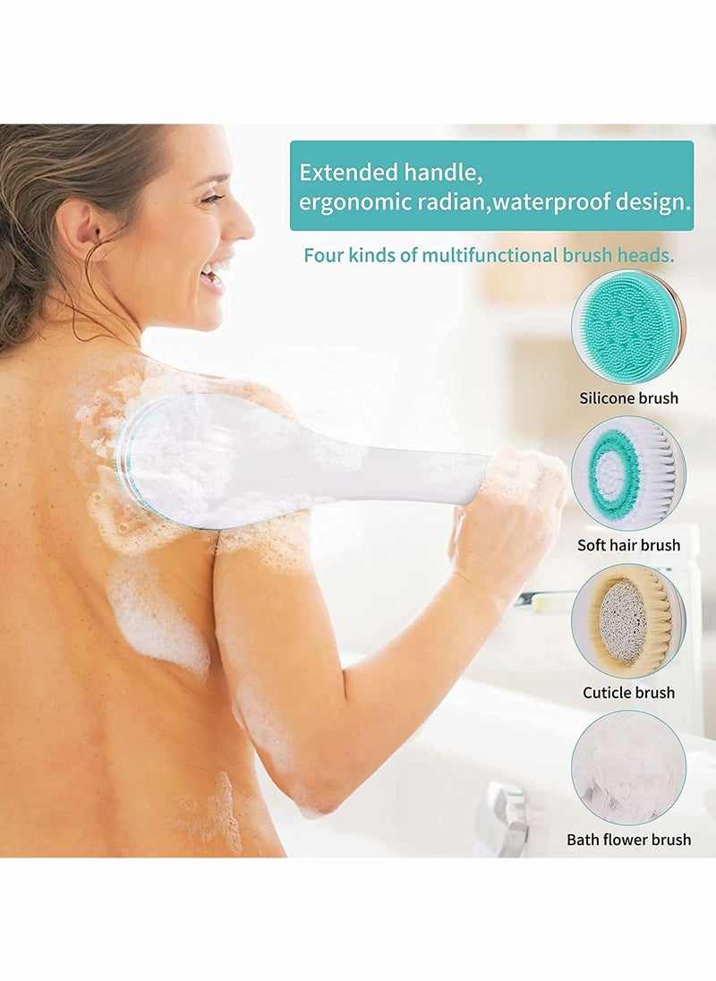 Excefore - Electric Shower Brush Rechargeable Rotating Long Handle Back Scrubber Suitable for Body Cleansing Exfoliation Waterproof and Non-Slip with 4 Types of Brush Heads (Blue) - Image 1