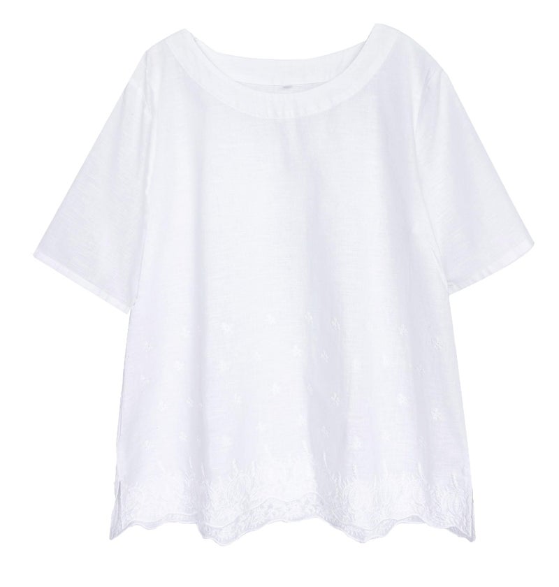 Minibee Women's Summer Linen Tunic Shirt High Low Hem Embroidery Blouse Top White - Image 1
