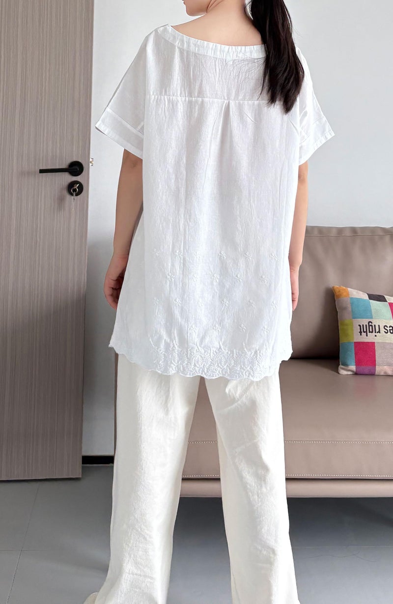 Minibee Women's Summer Linen Tunic Shirt High Low Hem Embroidery Blouse Top White - Image 3