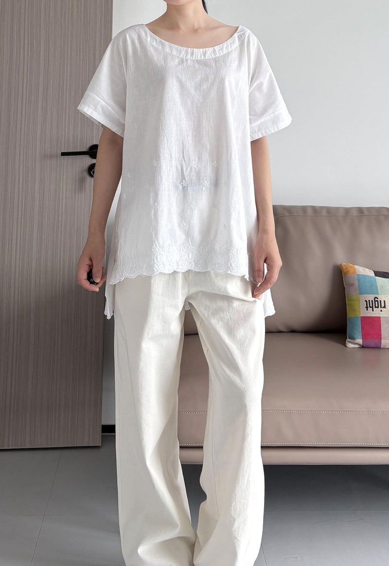 Minibee Women's Summer Linen Tunic Shirt High Low Hem Embroidery Blouse Top White - Image 2