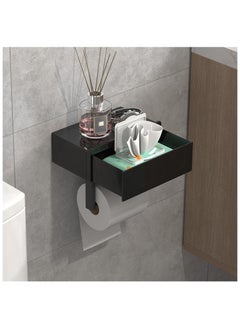 Black Toilet Paper Holder with Shelf - Wall Mount/Adhesive Bathroom Toilet Paper Holder with Storage Drawer for Organizer Tampon or Small Items Bamboo Wood Tissue Toilet Paper Roll Holder
