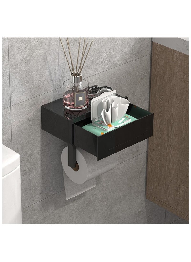 YelaJoy - Black Toilet Paper Holder with Shelf - Wall Mount/Adhesive Bathroom Toilet Paper Holder with Storage Drawer for Organizer Tampon or Small Items Bamboo Wood Tissue Toilet Paper Roll Holder - Image 1