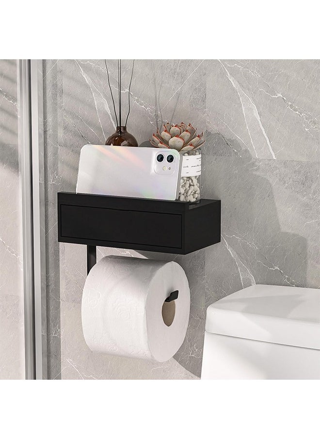 YelaJoy - Black Toilet Paper Holder with Shelf - Wall Mount/Adhesive Bathroom Toilet Paper Holder with Storage Drawer for Organizer Tampon or Small Items Bamboo Wood Tissue Toilet Paper Roll Holder - Image 1