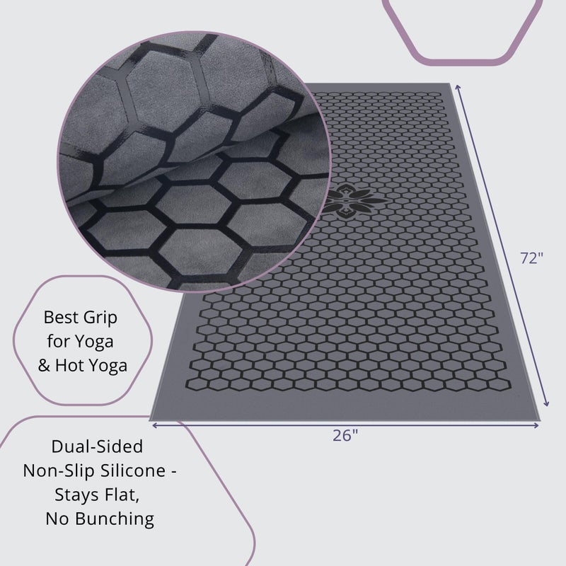 Clever Yoga Hot Yoga Mat Towel â€“ Non-Slip Grip for Hot Yoga, Sweat Absorbent, Honeycomb Silicone Grip, Stays Flat â€“ Ideal for Pilates, Travel, Washable & Lightweight - Gray - Image 3