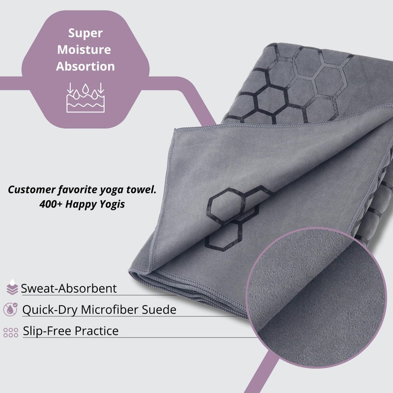 Clever Yoga Hot Yoga Mat Towel â€“ Non-Slip Grip for Hot Yoga, Sweat Absorbent, Honeycomb Silicone Grip, Stays Flat â€“ Ideal for Pilates, Travel, Washable & Lightweight - Gray - Image 4