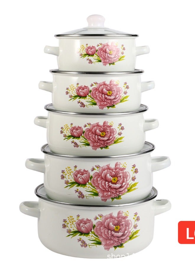 Sharpdo 5-Piece Set of Marble Enamel Thickened Straight Soup Pot with Double Ears 16/18/20/22/24CM