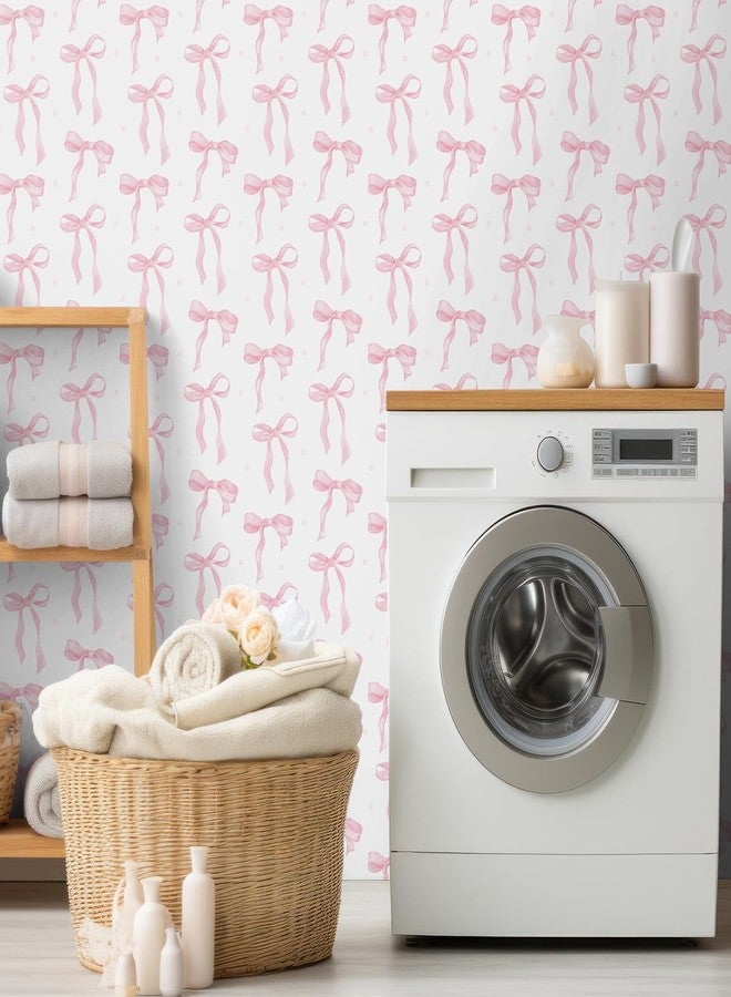 MotiMind Pink Bow Wallpaper 15.75 x 197 Inch Cute Bow Aesthetic Wallpaper Coquette Trendy Preppy Pink Peel and Stick Wall Paper Girly Adhesive Removable Coquette Room Decor for Bedroom Room Cabinets - Image 5