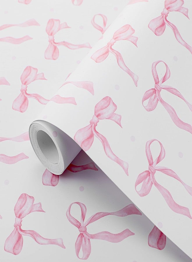 MotiMind Pink Bow Wallpaper 15.75 x 197 Inch Cute Bow Aesthetic Wallpaper Coquette Trendy Preppy Pink Peel and Stick Wall Paper Girly Adhesive Removable Coquette Room Decor for Bedroom Room Cabinets - Image 2