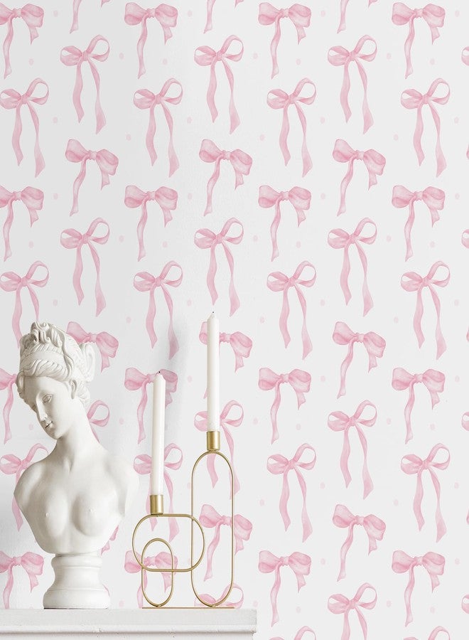 MotiMind Pink Bow Wallpaper 15.75 x 197 Inch Cute Bow Aesthetic Wallpaper Coquette Trendy Preppy Pink Peel and Stick Wall Paper Girly Adhesive Removable Coquette Room Decor for Bedroom Room Cabinets - Image 1