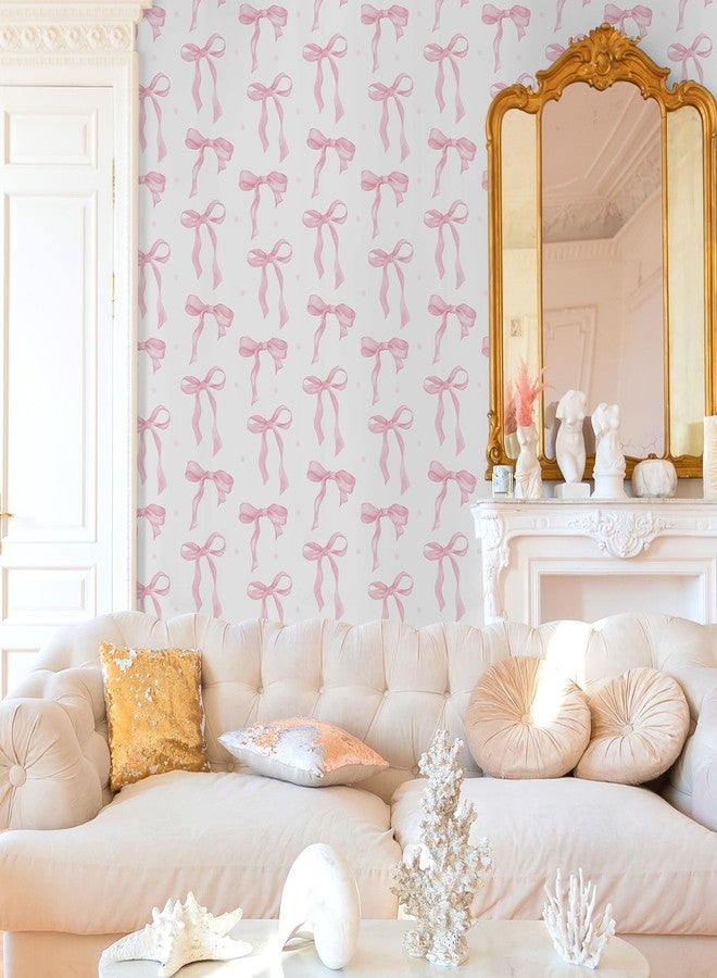 MotiMind Pink Bow Wallpaper 15.75 x 197 Inch Cute Bow Aesthetic Wallpaper Coquette Trendy Preppy Pink Peel and Stick Wall Paper Girly Adhesive Removable Coquette Room Decor for Bedroom Room Cabinets - Image 4