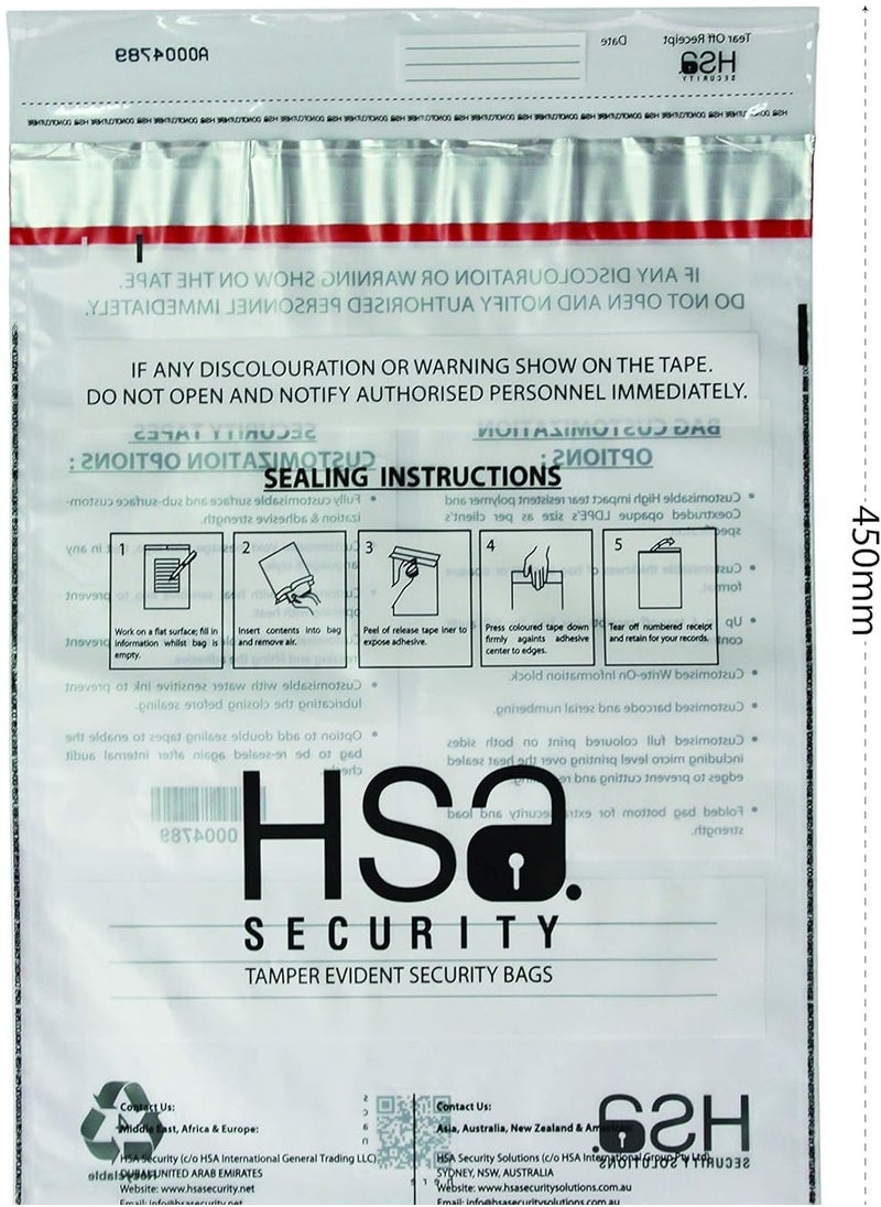 HSA Security Solutions HSA security tamper evident bag with void open message, A4 size 400mm x 285mm (15.7" x 11.2") transparent plastic cash bags, barcoded, serialized, perforated serialized receipt. 70 microns (10pieces)  - Image 1
