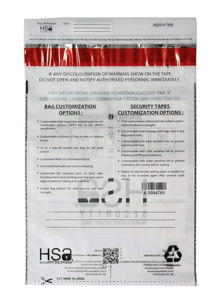 HSA Security Solutions HSA security tamper evident bag with void open message, A4 size 400mm x 285mm (15.7" x 11.2") transparent plastic cash bags, barcoded, serialized, perforated serialized receipt. 70 microns (10pieces)  - Image 4