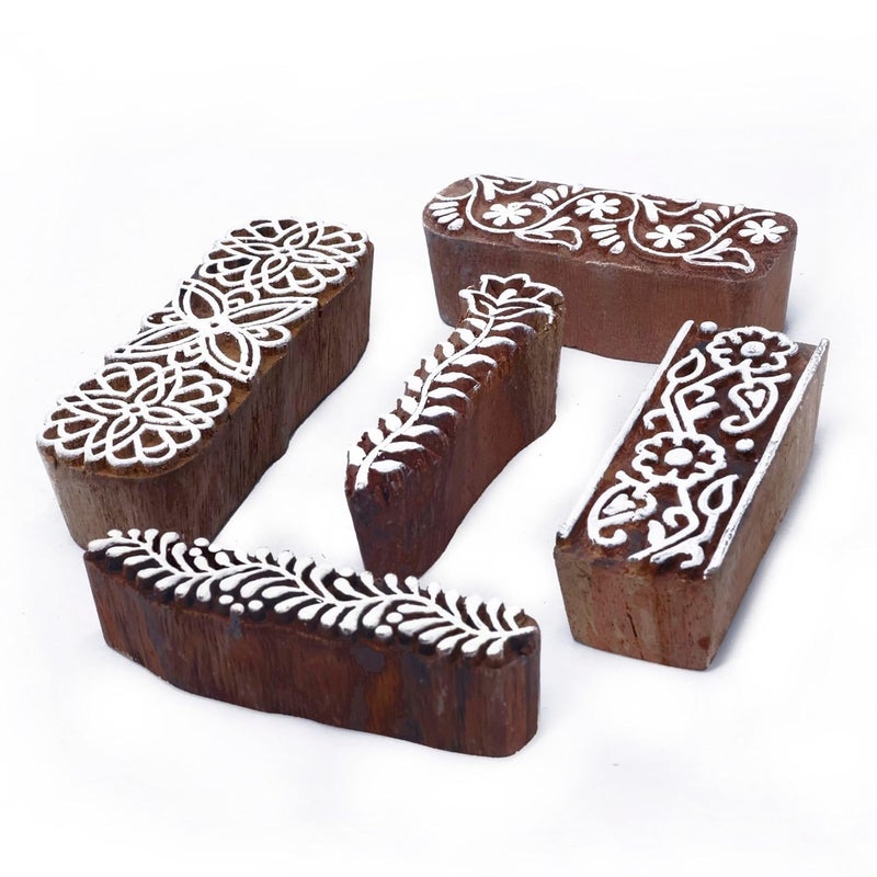TWOGRAMS Border Shaped Wooden Printing Stamps - Wooden Blocks for Block Printing Stamp for Crafting on Fabric, Clay & Henna Tattoo, Wood Stamps for Saree | Set of 5 | - Image 2