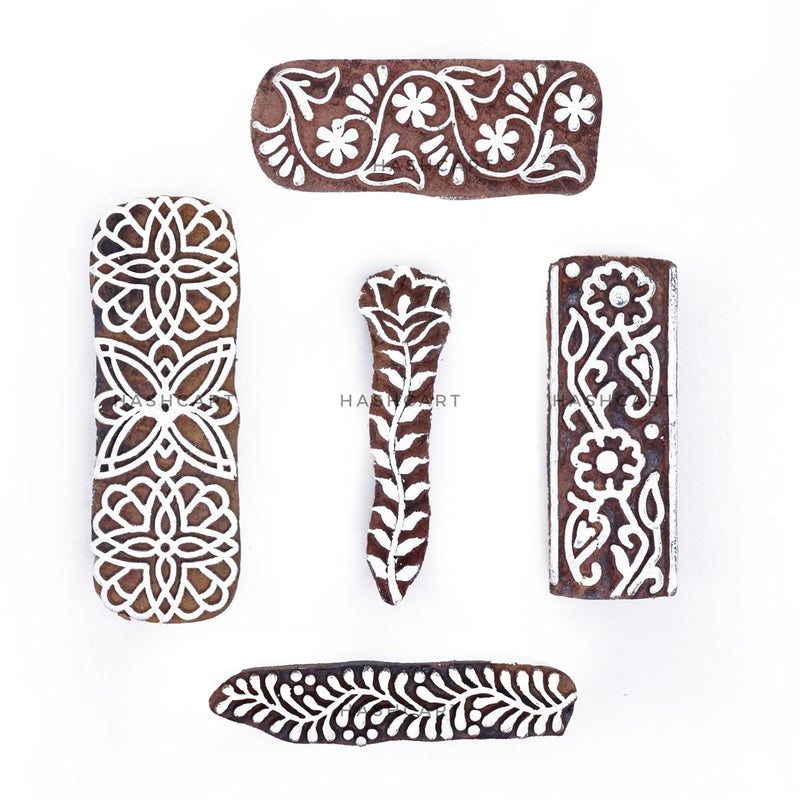 TWOGRAMS Border Shaped Wooden Printing Stamps - Wooden Blocks for Block Printing Stamp for Crafting on Fabric, Clay & Henna Tattoo, Wood Stamps for Saree | Set of 5 | - Image 1
