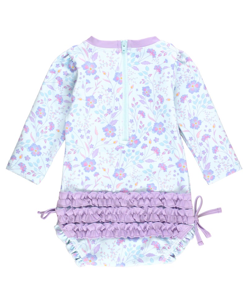 RuffleButts Baby Girls UPF 50+ Sun Protection Floral Printed Long Sleeve One Piece Rash Guard Swimsuit with Zipper - Fairytale Garden, 12-18m - Image 3
