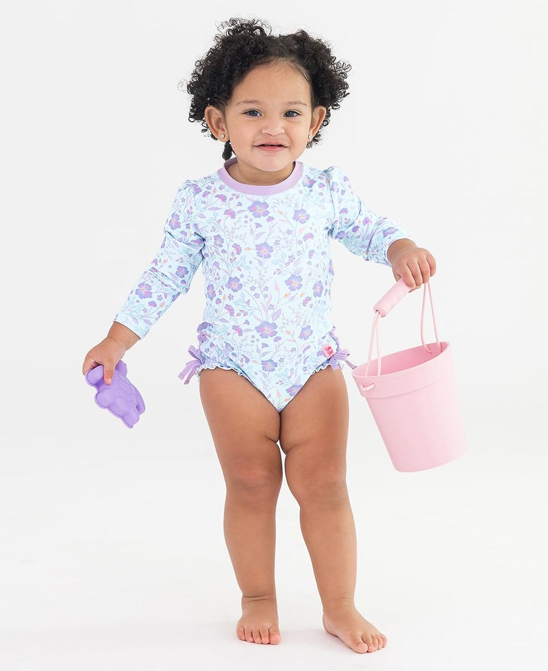 RuffleButts Baby Girls UPF 50+ Sun Protection Floral Printed Long Sleeve One Piece Rash Guard Swimsuit with Zipper - Fairytale Garden, 12-18m - Image 2