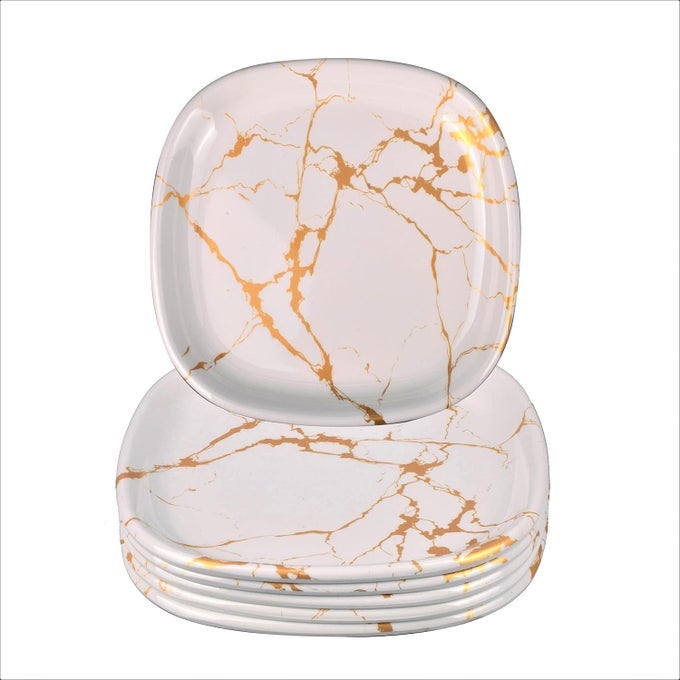 PREMIUM MELAMINE DINNER PLATE SET OF 6 ROYAL WHITE GOLDSQUARE11 INCH
