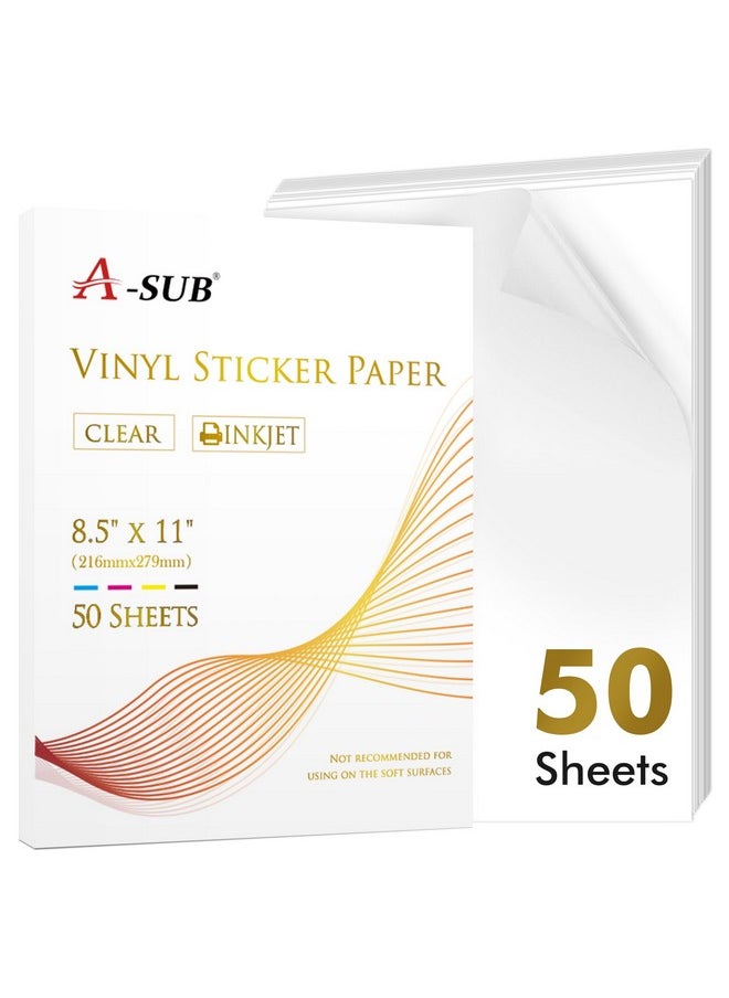 A-SUB - Clear Sticker Paper For Inkjet Printers Waterproof Transparent Printable Vinyl Sticker Paper 50 Sheets 8.5X11 Inch Glossy Clear Label Paper For Custom Stickers Decals - Image 1