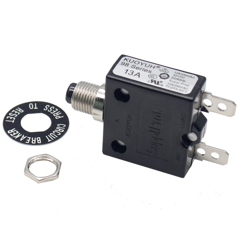 KQEC قاطع دائرة حرارية 13A 125/250VAC 32VDC سلسلة 98 مع زر إعادة الضبط قاطع الحمل الحراري مع أطراف توصيل سريعة قابلة للتوصيل KUOYUH سلسلة 98 - Image 1