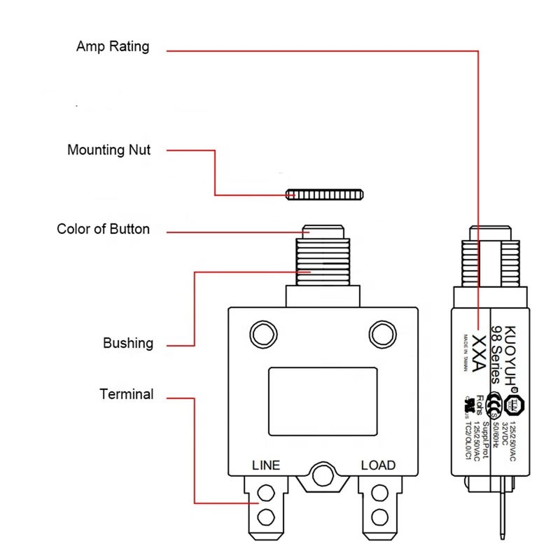 KQEC قاطع دائرة حرارية 13A 125/250VAC 32VDC سلسلة 98 مع زر إعادة الضبط قاطع الحمل الحراري مع أطراف توصيل سريعة قابلة للتوصيل KUOYUH سلسلة 98 - Image 4
