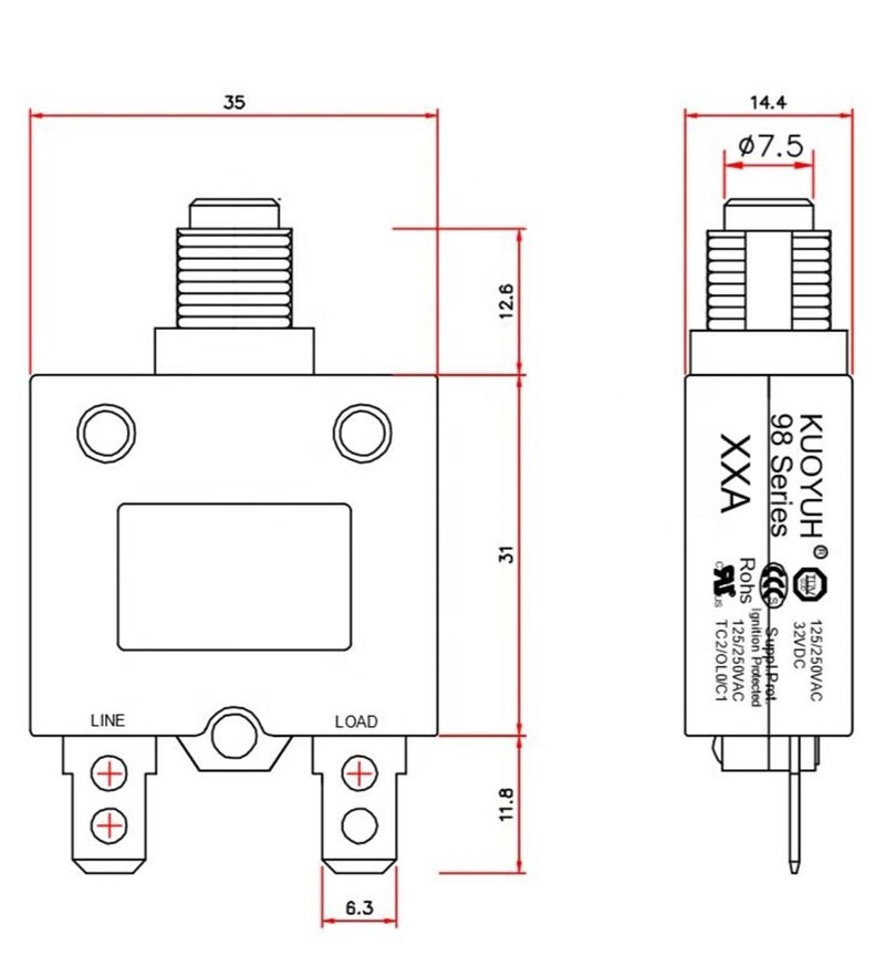 KQEC قاطع دائرة حرارية 13A 125/250VAC 32VDC سلسلة 98 مع زر إعادة الضبط قاطع الحمل الحراري مع أطراف توصيل سريعة قابلة للتوصيل KUOYUH سلسلة 98 - Image 3