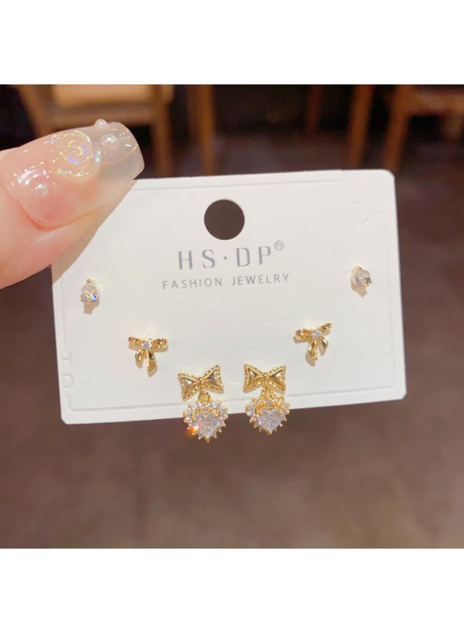 S925 Silver Needle Micro Inlaid Zircon Short Earrings Short Hair Earrings And Korean Elegant All-match Simple Three-piece Set Earrings For Women 