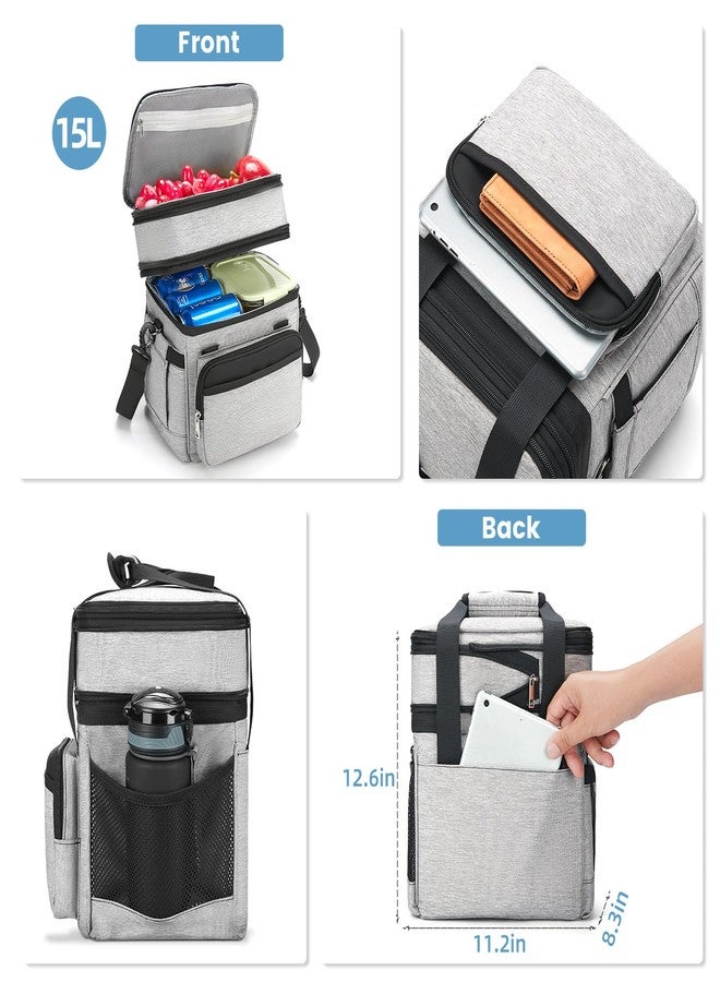 holuxer Insulated Lunch Bag & Lunch Box for Men - Double Deck Reusable Lunch Bag for Women Tote Cooler Bag Leakproof Soft Expandable - Large Lunchbox for Work/Adult/Picnic/Outdoor (Gray，15L) - Image 3