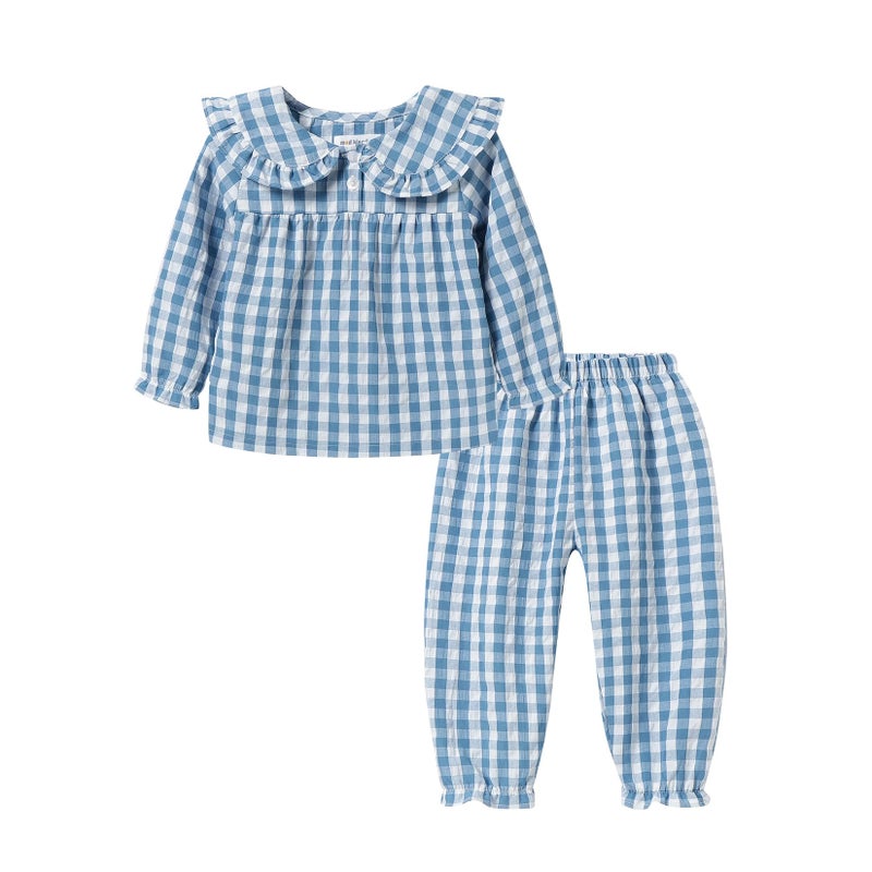 Mud Kingdom Toddler Girls Home Set for Kids Loungewear Button Down Lattice Peter Pan Collar indoor outfits Blue 2T - Image 1