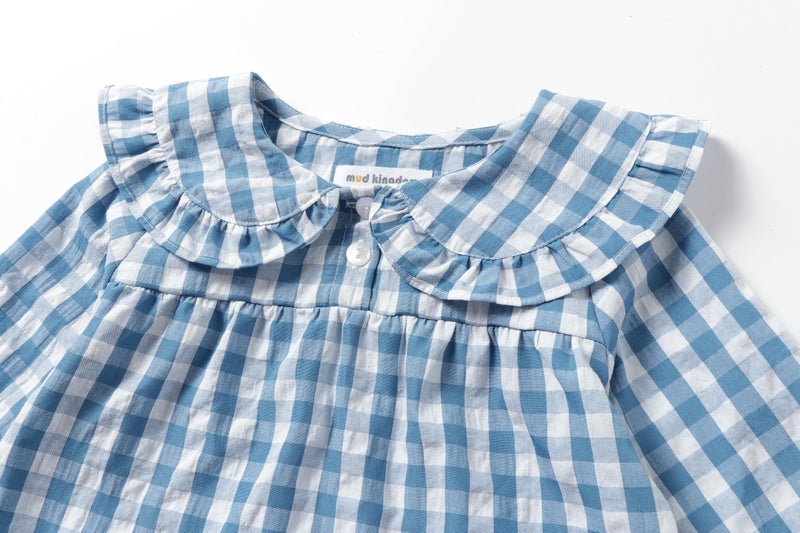 Mud Kingdom Toddler Girls Home Set for Kids Loungewear Button Down Lattice Peter Pan Collar indoor outfits Blue 2T - Image 2