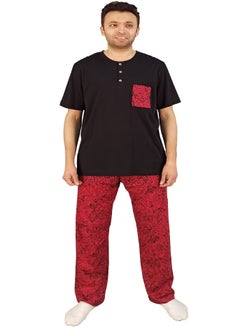 Jet Men Summer Pajama Set Plain Top & Printed Bottom-Red*Black  - Image 2