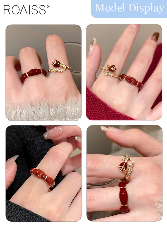 roaiss 4 Pcs Red Rings and Earrings Set, 2 Floral Open Rings, 2 Vintage Enamel Metal Earring, Simple Adjustable Stacking Ring, Elegant Earrings,Suitable for Party Weddings and Daily Wear - Image 3