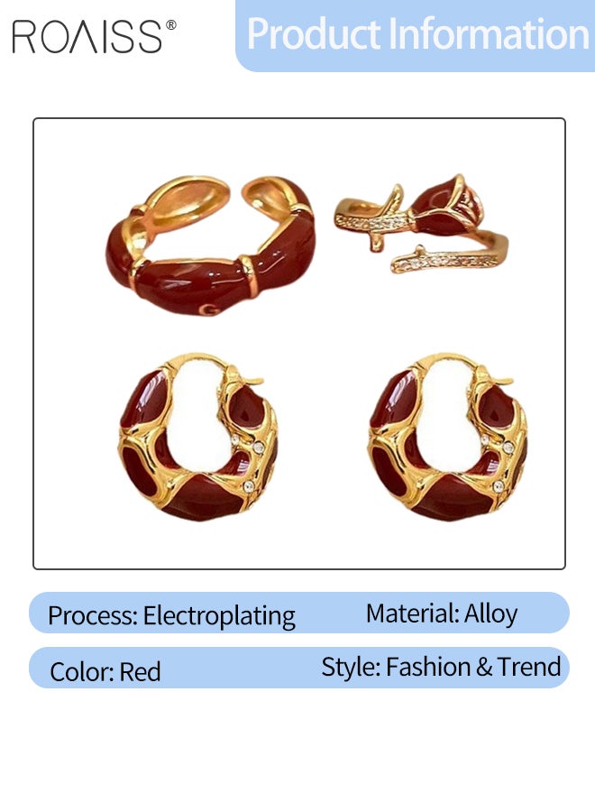 roaiss 4 Pcs Red Rings and Earrings Set, 2 Floral Open Rings, 2 Vintage Enamel Metal Earring, Simple Adjustable Stacking Ring, Elegant Earrings,Suitable for Party Weddings and Daily Wear - Image 2