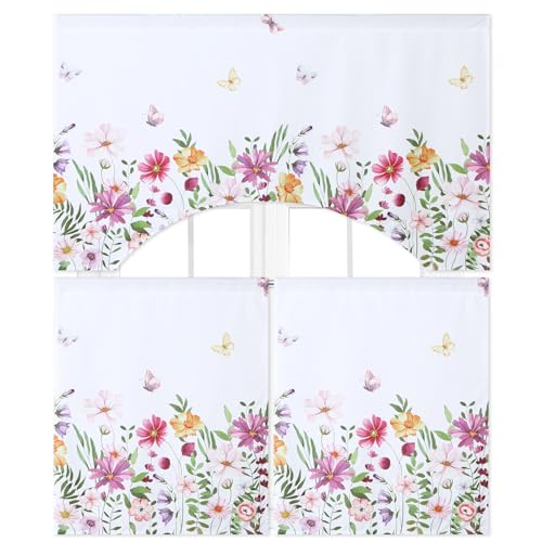 Ganeen 3 Piece Floral Kitchen Curtain Sets with Valance Spring Kitchen Curtains Polyester Cafe Curtains Summer Farmhouse Door Spring Home Decor - Image 1