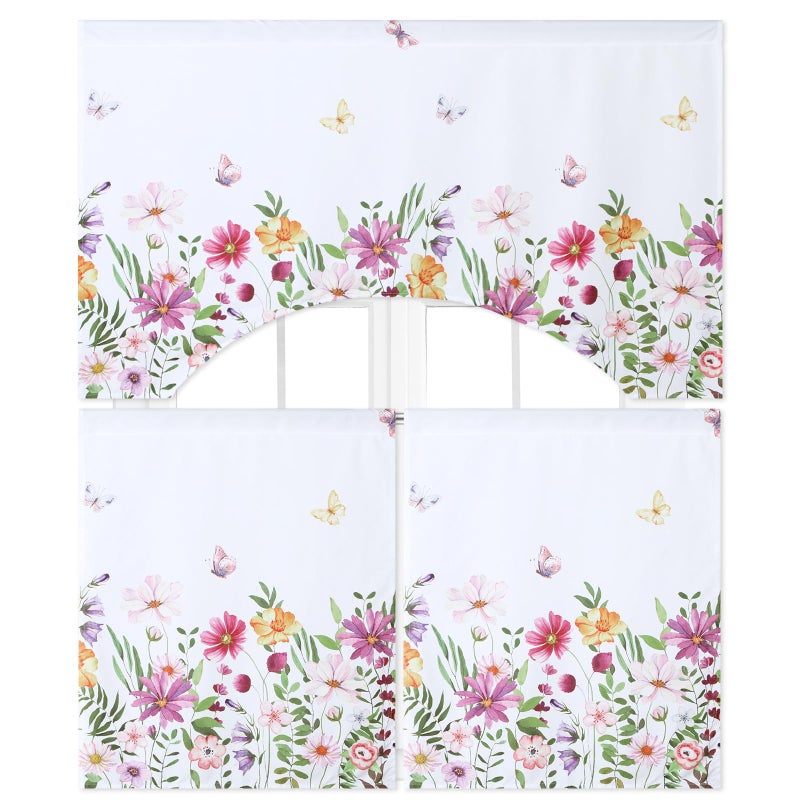 Ganeen 3 Piece Floral Kitchen Curtain Sets with Valance Spring Kitchen Curtains Polyester Cafe Curtains Summer Farmhouse Door Spring Home Decor - Image 2