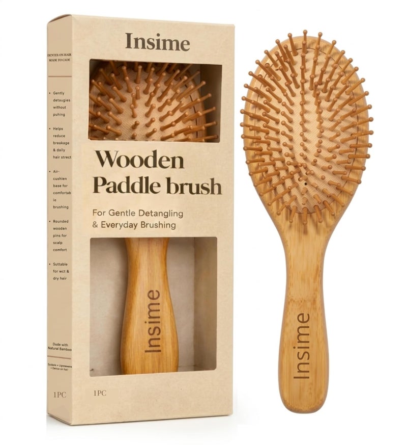 INSIME Wooden hair brush for Women & Men – Bamboo wooden Paddle hair brush for men women Curly hair – Bamboo Wooden brush for hair growth with flat paddle brush comb - Image 1