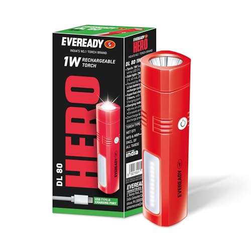 Eveready Hero DL80, Rechargeable 1W LED Torch Cum Emergency 2W Sidelight, Type-B/Micro-USB Fast Charging, Overcharge & Deep Discharge Protection, Powered by Li-Ion Battery - Image 1