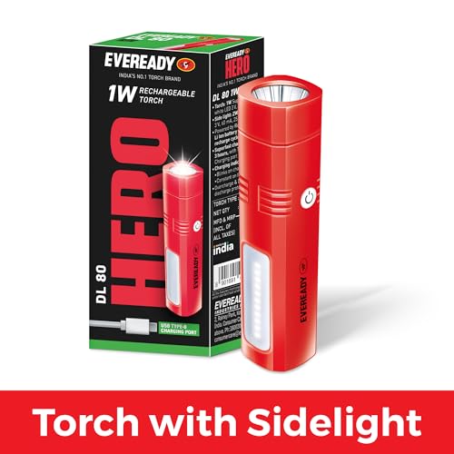 Eveready Hero DL80, Rechargeable 1W LED Torch Cum Emergency 2W Sidelight, Type-B/Micro-USB Fast Charging, Overcharge & Deep Discharge Protection, Powered by Li-Ion Battery - Image 2