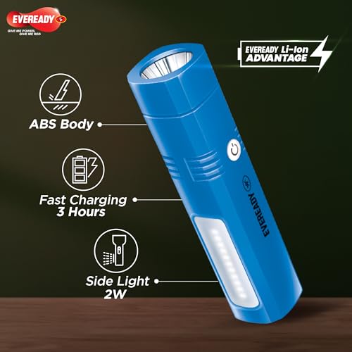 Eveready Hero DL80, Rechargeable 1W LED Torch Cum Emergency 2W Sidelight, Type-B/Micro-USB Fast Charging, Overcharge & Deep Discharge Protection, Powered by Li-Ion Battery - Image 5