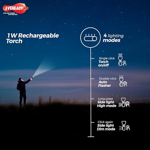 Eveready Hero DL80, Rechargeable 1W LED Torch Cum Emergency 2W Sidelight, Type-B/Micro-USB Fast Charging, Overcharge & Deep Discharge Protection, Powered by Li-Ion Battery - Image 3