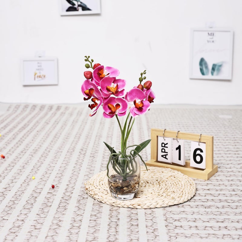 Jusdreen 1 Pcs Glass Vase Artificial Orchid Flower Bonsai Vivid Phalaenopsis Flowers Potting for Home Office D?cor  Table Centerpiece Room Decorations 14.5""(Glass Vase/Purple Orchid) - Image 5