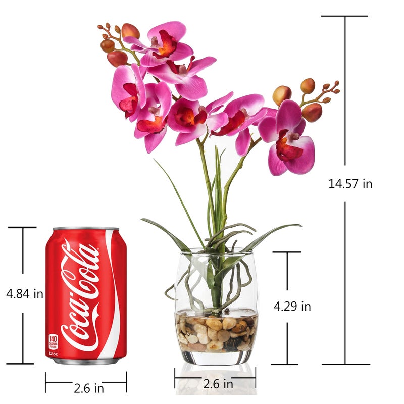 Jusdreen 1 Pcs Glass Vase Artificial Orchid Flower Bonsai Vivid Phalaenopsis Flowers Potting for Home Office D?cor  Table Centerpiece Room Decorations 14.5""(Glass Vase/Purple Orchid) - Image 2