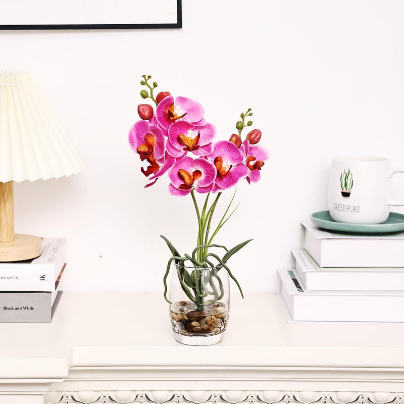 Jusdreen 1 Pcs Glass Vase Artificial Orchid Flower Bonsai Vivid Phalaenopsis Flowers Potting for Home Office D?cor  Table Centerpiece Room Decorations 14.5""(Glass Vase/Purple Orchid) - Image 3