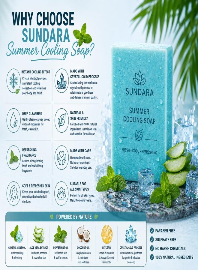 SUNDARA Summer Cooling Soap, Pack of 3, with Menthol, Aloe Vera and Peppermint Oil, Handmade Natural Bars for Men and Women - Image 5