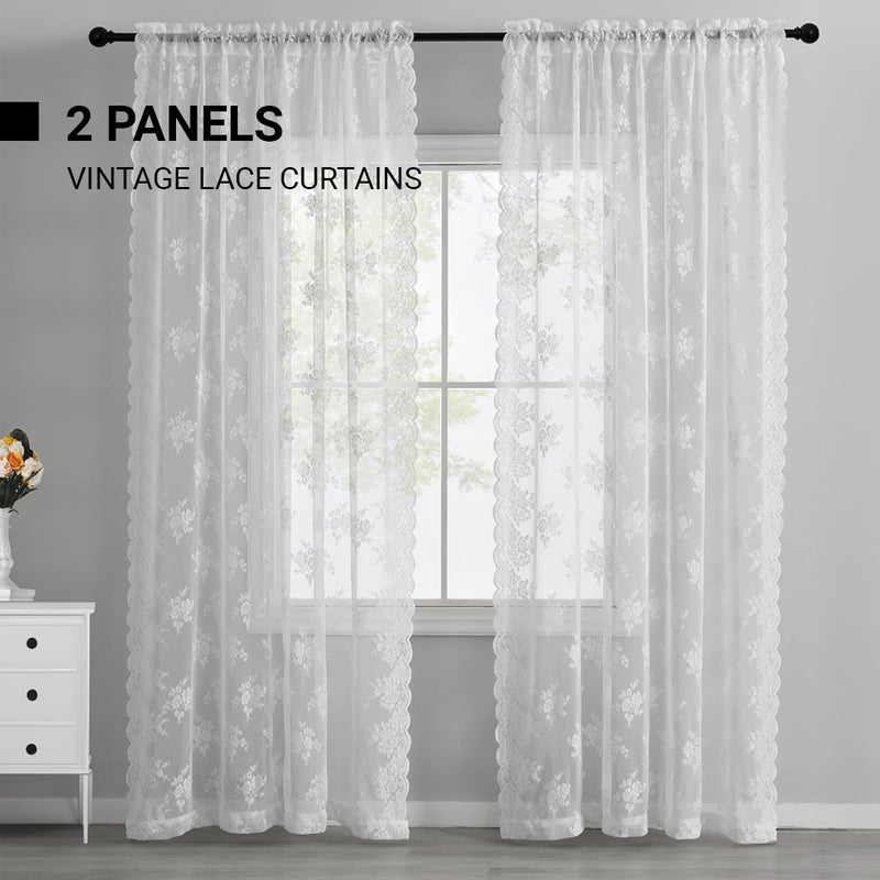 Kotile Lace Curtains 84 Inches Long - Floral Embroidery Country Lace Sheer Curtains For Living Room Scalloped Trim Tulle White Sheer Lace Curtains For Windows 52 X 84 Inch 2 Panels White - Image 2