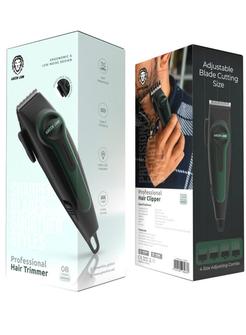 GREEN LION Professional Hair Clipper with 4 Size Combs, Stainless Steel Material, 120 Minutes Working Time, 2.5 Hours Charging Time, 1200mAh Lithium Battery, Type-C Charging Port, LED Indicator - Black - Image 2