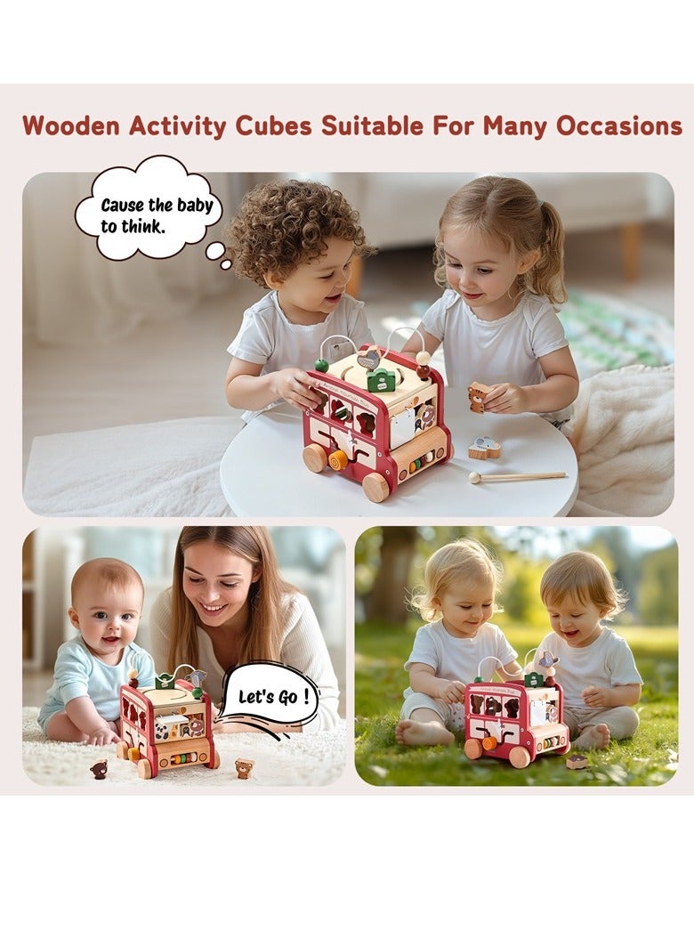 Kids' Educational puzzle activity cube Bus Toy, Shape - matching Building Blocks, Cognitive Xylophone, Bead - winding Rack, Wooden Busy Box, Red - Image 5