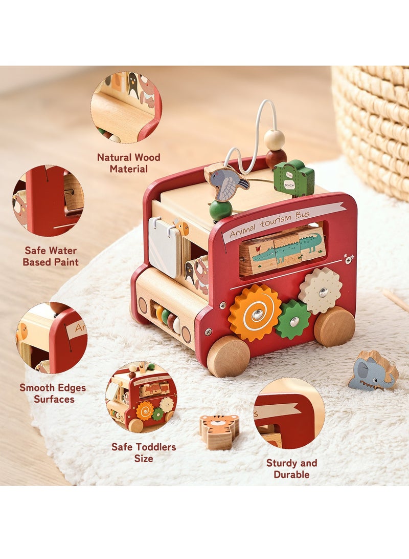 Kids' Educational puzzle activity cube Bus Toy, Shape - matching Building Blocks, Cognitive Xylophone, Bead - winding Rack, Wooden Busy Box, Red - Image 3